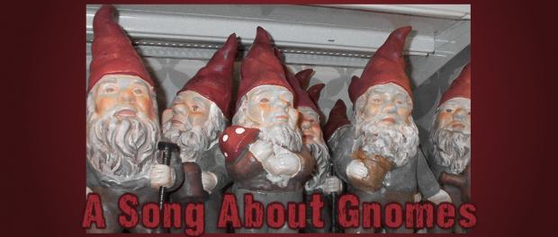 A Song about Gnomes lawn gnomes on a shelf